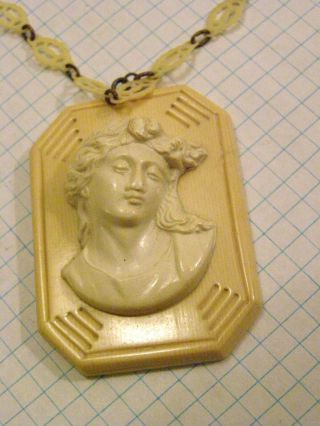 Antique Victorian Edwardian Celluloid Cameo Necklace Pendant On Celluloid Chain