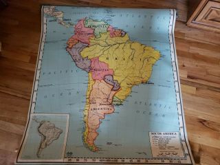 1953 A.  J.  Nystrom & Co.  Map South America World Pull Down School Map