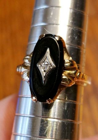 Vintage 10k Gold Diamond And Onyx Ring - Size 7.  5 - Esemco