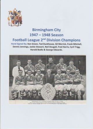 Birmingham City 1947 - 1948 Rare Autographed Team Group 10 X Signatures