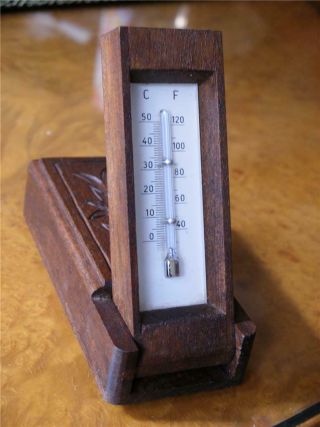 Black Forest German Antique Vintage Carved Wood Boxed Travel Thermometer