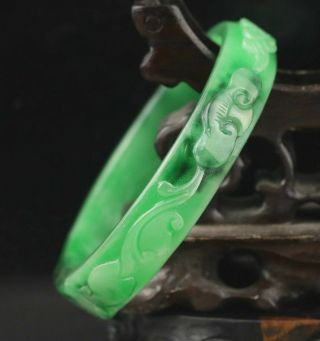 Chinese Natural Green Jadite Hand - Carved Bracelet Jade Flower Bangle
