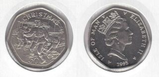 Isle Of Man Rare 50 Pence Unc Coin 1995 Year Km 521 Christmas Sledding