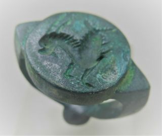 European Finds Ancient Roman Bronze Legionary Seal Ring Leaping Horse