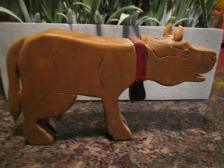 Antique Hand - Carved Wooden Mooing Cow With Wooden Bell,  