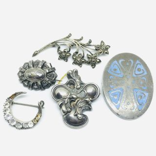 Antique Victorian Sterling Silver Aesthetic Enamel Crescent Moon Brooches Joblot
