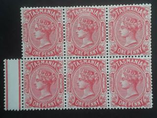 Rare 1878 - Tasmania Australia Blk 6 X 1d Scarlet Sideface Stamps Perf 14 Muh