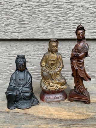 Chinese Antique Three Wood Buddha Guanyin Qing China Asian