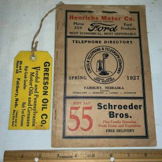 Antique Fairbury Ne Telephone Directory Book Greeson Oil Co Veedol Motor Gas Adv