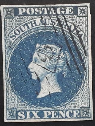 Rare 1855 - South Australia 6d Deep Blue Imperf 1st Sideface Stamp Wmk Star