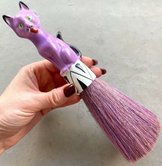 Vintage Whisk Broom Purple Porcelain Cat Made In Germany Half Doll Brush - Rare