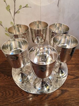 Set Of 6 Vintage Epns Silver Plated Wine Goblets & Silver Plated Coaster Mat