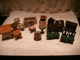 Vintage Miniature Wooden Dollhouse Furniture,  Dining Room,  Bathroom Etc