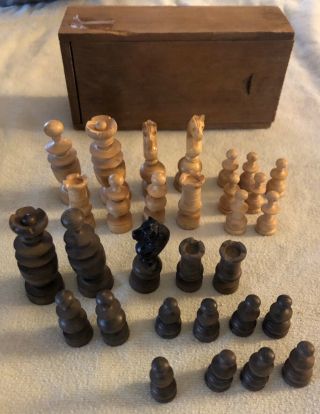 Antique Carved Wooden Chess Set In Wooden Box