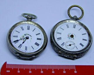 2 X Antique 800 Grade Silver Key Operated Mechanical Pocket Watch Fob Watches