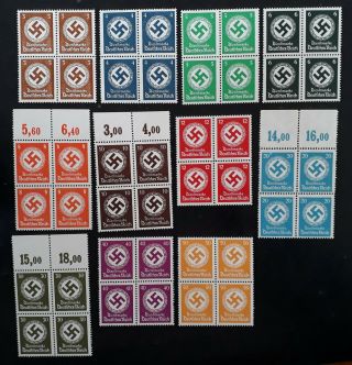 Rare 1942 - Germany Set Of 11 Official Stamps In Blocks Of 4 Muh