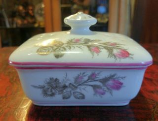 Antique Victorian Porcelain Lidded Soap Dish Hand Painted Rose Floral Decoration