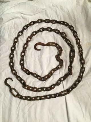 1800 Antique Primitive Hand Forged Wrought Iron 8 Wagon Chain With 2 Hooks 9 Ft