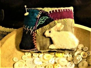 Primitive Rabbit On Antique Crazy Quilt Pillow Pinkeep ` Gift Or Keepsake