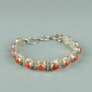 Chinese Exquisite Handmade Silver Mosaic Coral Bracelet