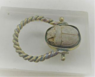 Ancient Egyptian Faience Scarab Bead Seal In A Gold Gilt Swivel Ring