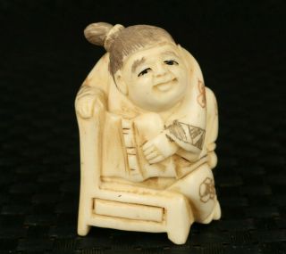 Japanese Rare Old Not Wood Hand Carving Old Lady Figure Statue Netsuke Gift