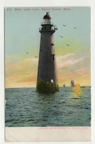 Antique 1905 Postcard Boston Harbor Ma Minot Ledge Light Lighthouse Sunset Birds