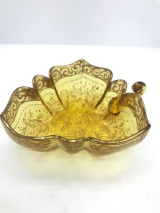 Antique Eapg Amber Glass Gold Gilt Maple Leaf Pattern Floral Hand Painted Bowl