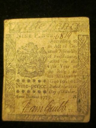 Rare 1775 Nine Pence Note Issued By The Assembly Of Pennsylvania.