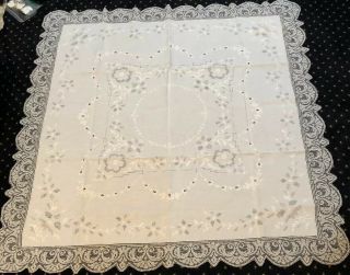 F Antique French Lt Linen Tablecloth Embroidery Crochet Edged & Cut Work Nr