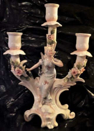 Antique 19th Century Porcelain Candelabra Dresden Style Flowers Maiden