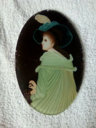 Miniature Reverse Painting On Glass Of A Young Lady In Hat And Lime Coat 3 Of 4.