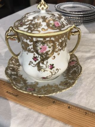 Antique R C Porcelain Noritake Nippon Moriage Gold Plate Covered Jar Dish 1900?