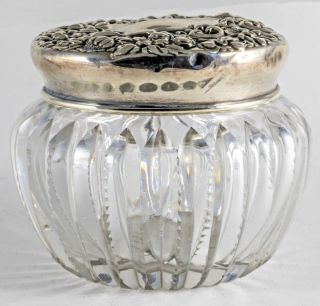 Antique Large Sterling Silver Repousse Lid Cut Glass Dresser Jar