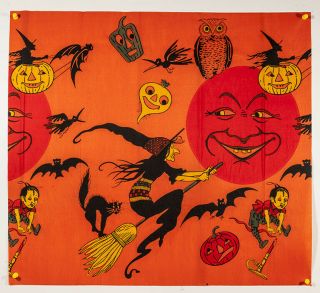 Ca.  1920 Rare Halloween Crepe,  Witches Going To Smiling Moon By American Tissue