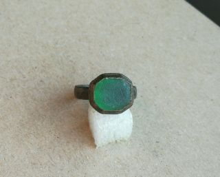 Ancient Viking Old Bronze Ring With Green Glass Very Rare