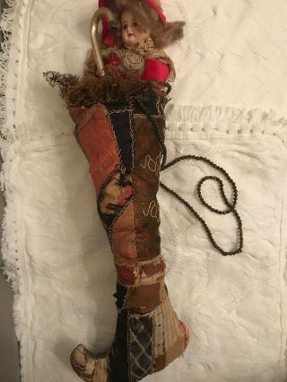 Antique Christmas Quilted German Bisque Head Stocking - Primitive