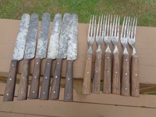 Antique 12 Piece Set Civil War Era Wood Handle Cutlery Knives & 3 Tine Forks