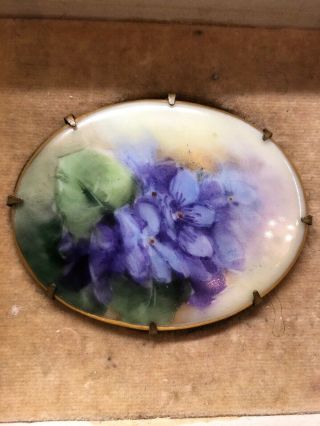 Antique Victorian Oval Porcelain Brooch/pin Back With Hand Painted Pansies 2.  5”