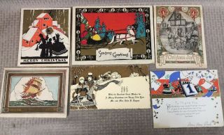 6 Antique Christmas Cards C1920 