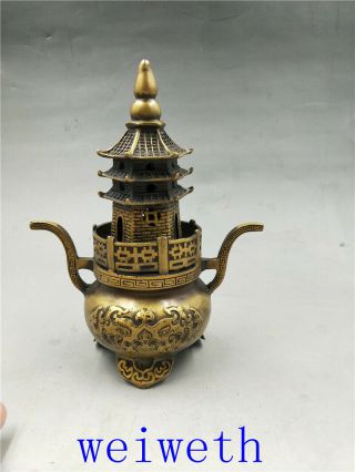 Chinese Old Brass Fortune Lucky Pagoda Incense Burner W Qianlong Mark