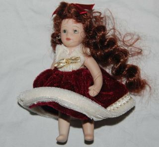 Vintage Mini Porcelain Doll Brown Hair Victorian Maroon Lace White Dress Hat 5 "