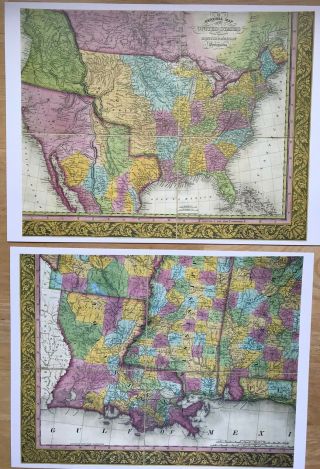 2 X Antique Old Colour Vintage Maps 1800s: Usa 1849: Mitchell 12 X 9 " Reprint