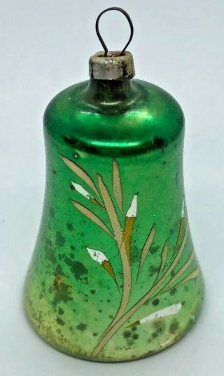 German Antique Glass Ornament Green Bell W/ Hand Painted White Petals 1920 