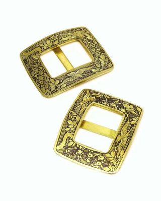 Pair Antique 19th Century Japanese Brass Niello Belt Buckles - T O Stamped