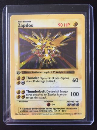 1999 Pokemon Card 1st Edition Base Set Shadowless Zapdos 1/102 Holo Rare