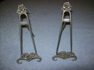 Set Of 2 Antique Silver Tone 8 " Stands Display Easel Metal W/rose Floral Accents