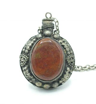Vintage Tibetan/chinese White Metal & Agate Snuff/scent/opium Bottle Chatelaine