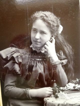 Antique Cabinet Card Photo Pretty Girl Long Hair Cheek On Hand Germany