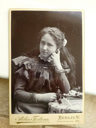 Antique Cabinet Card Photo Pretty Girl Long Hair Cheek on Hand Germany 2
